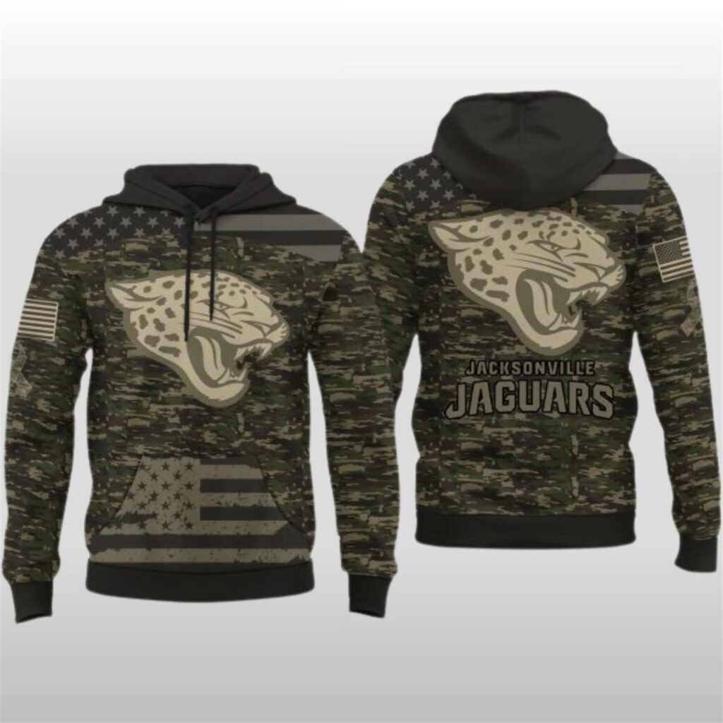 Show your pride with the 2025 Jaguars Salute to Service Camo Hoodie. Featuring a camo design and team logo, it’s the ultimate Jacksonville Jaguars military-themed camo pullover for fans.