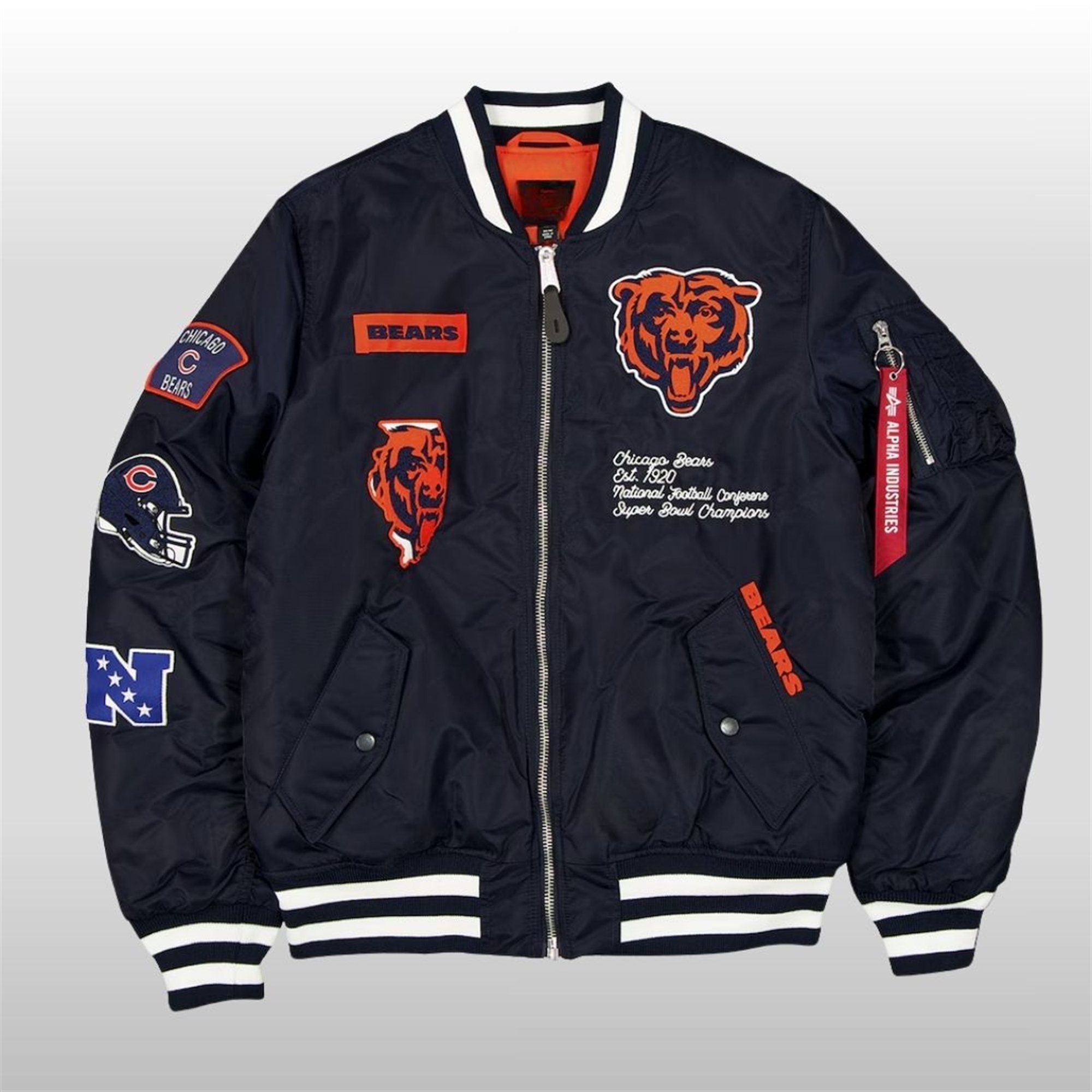 Chicago-Bear-Alpha-Industries-Navy-Zip-Bomber-Jacket Chicago Bear Alpha Industries Navy Zip Bomber Jacket