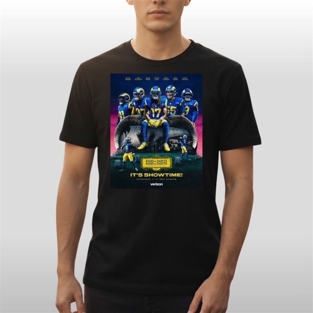  Rams Vs Saints 2025 Gameday It’s Showtime At Sofi Stadium Shirt. Exclusive graphic tee capturing the excitement of the 2025 matchup at SoFi. Wear the hype!