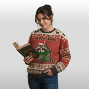 2025 Christmas Raccoon I Require Books Ugly Sweater