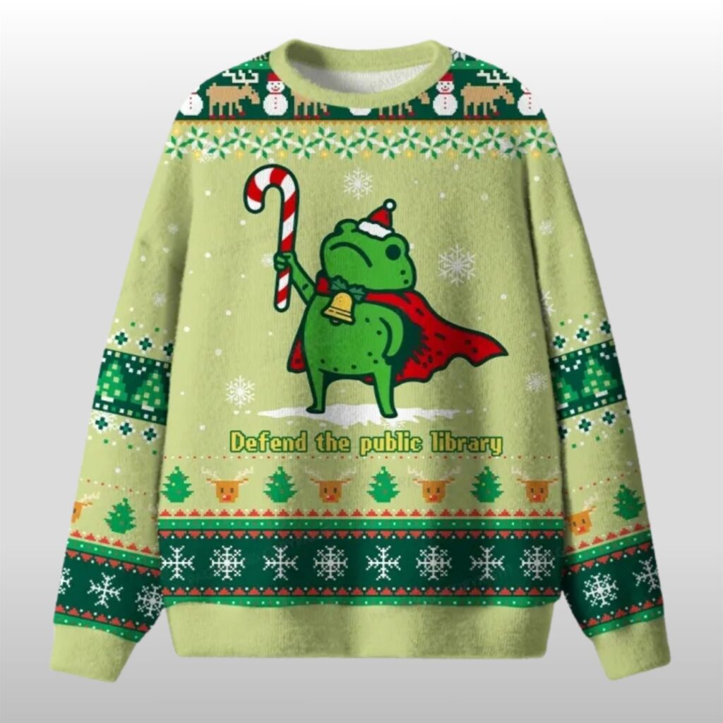 Fe2cY8Uu 2025 Christmas Defend The Public Library Frog Ugly Sweater 2