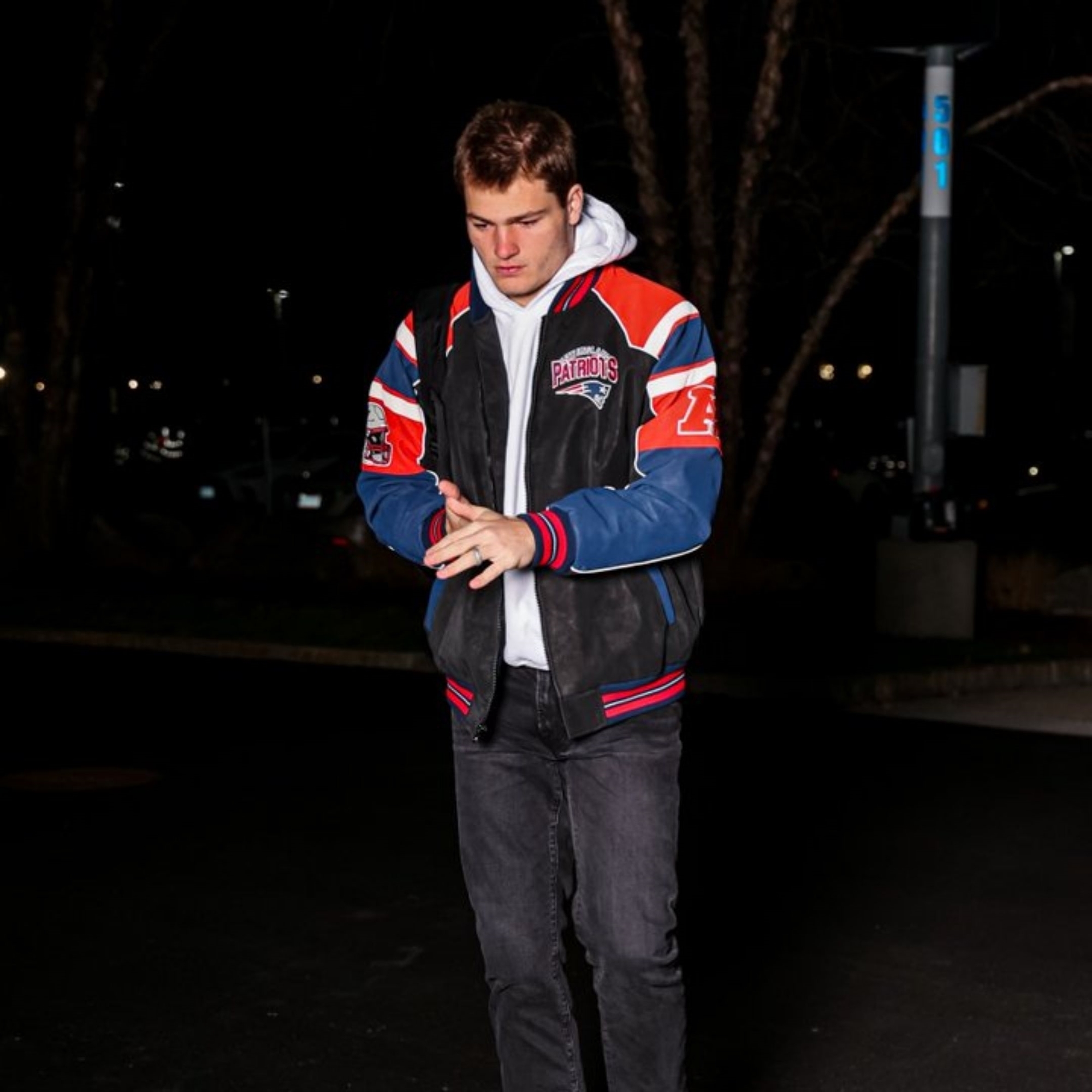 Patriots-Drake-Maye-Varsity-Jacket Patriots Drake Maye Varsity Jacket
