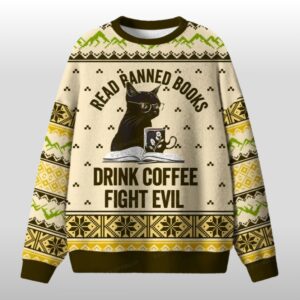 2025 Christmas Read Banned Books Drink Coffee Fight Evil Cat Ugly Sweater