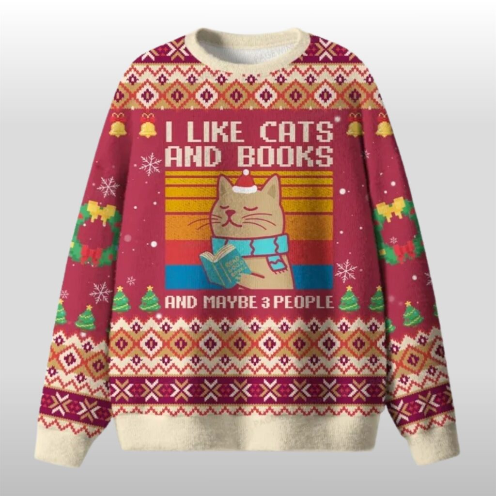 rOKOuSZv 2025 Christmas I Like Cats And Books And Maybe 3 People Ugly Sweater