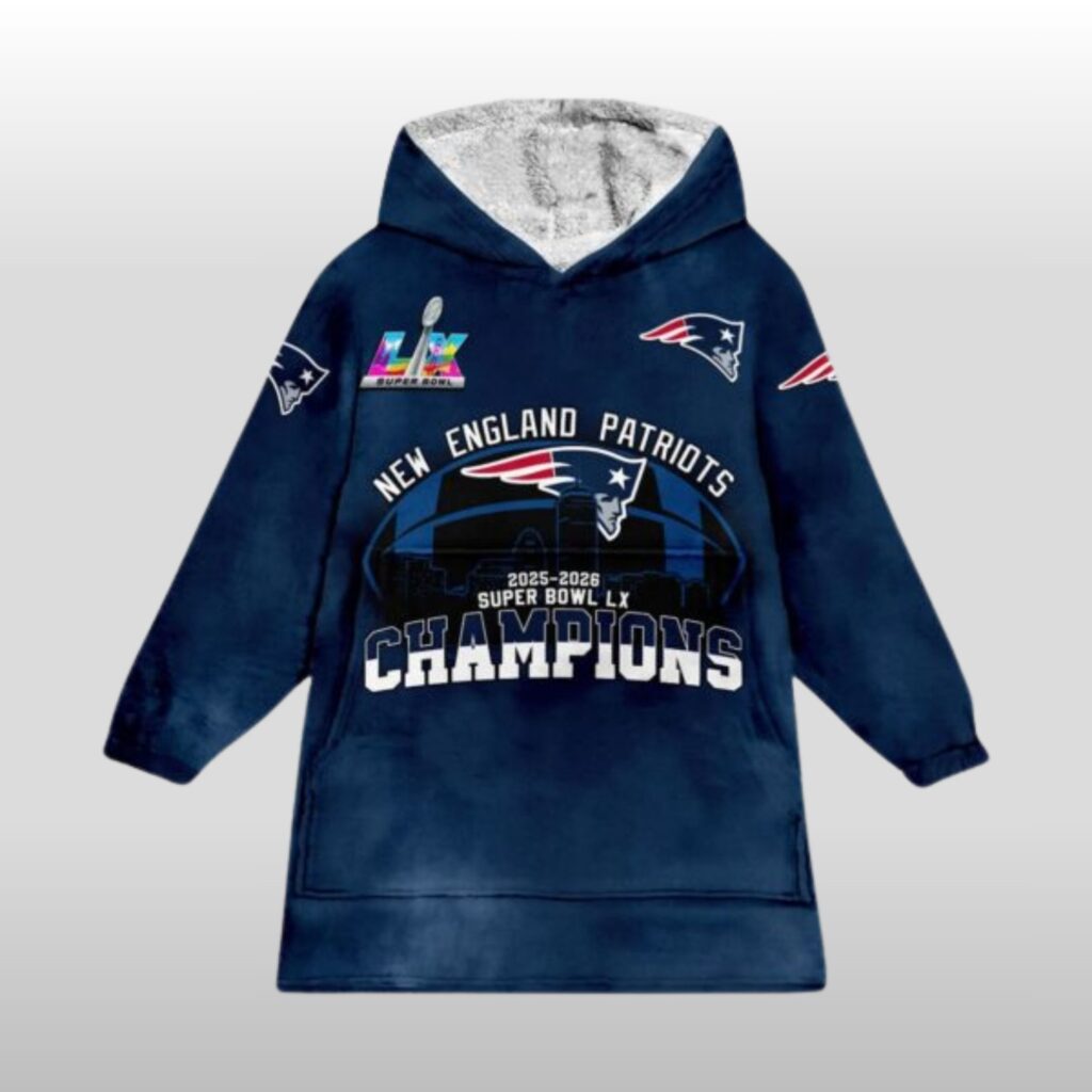 NE Patriots 2025 2026 LX Bowl Champions Blanket Hoodie 2