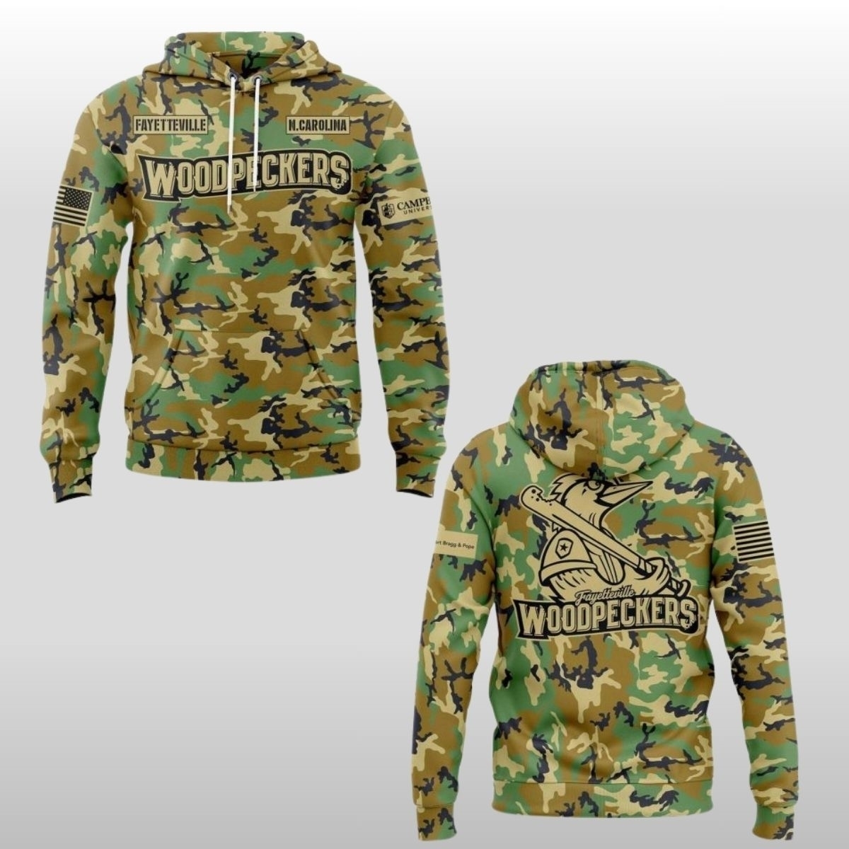 Fayetteville Woodpeckers Military Appreciation 2026 Camo Hoodie 2 Fayetteville Woodpeckers Military Appreciation 2026 Camo Hoodie