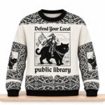 Defend Your Local Public Library Knight Riding Black Cat Christmas 2026 Ugly Sweater