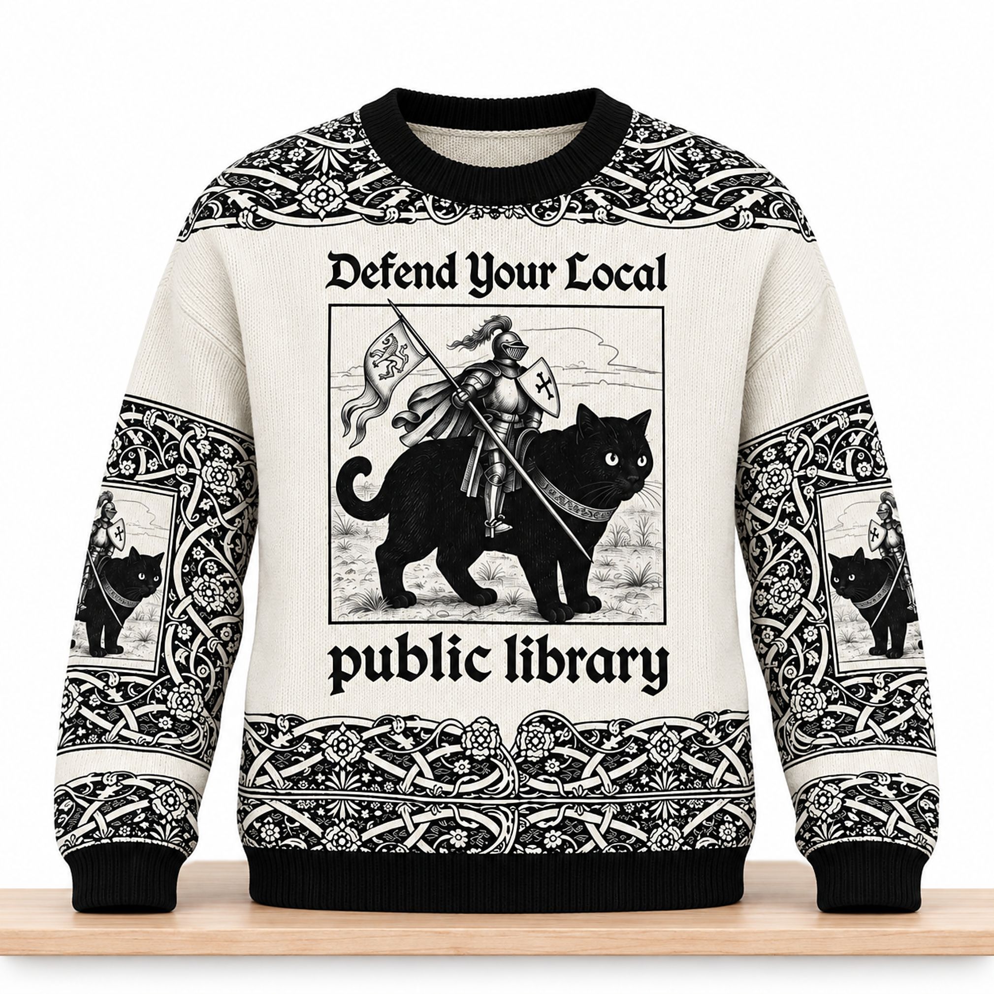 Defend Your Local Public Library Knight Riding Black Cat Christmas 2026 Ugly Sweater 1 Defend Your Local Public Library Knight Riding Black Cat Christmas 2026 Ugly Sweater 2