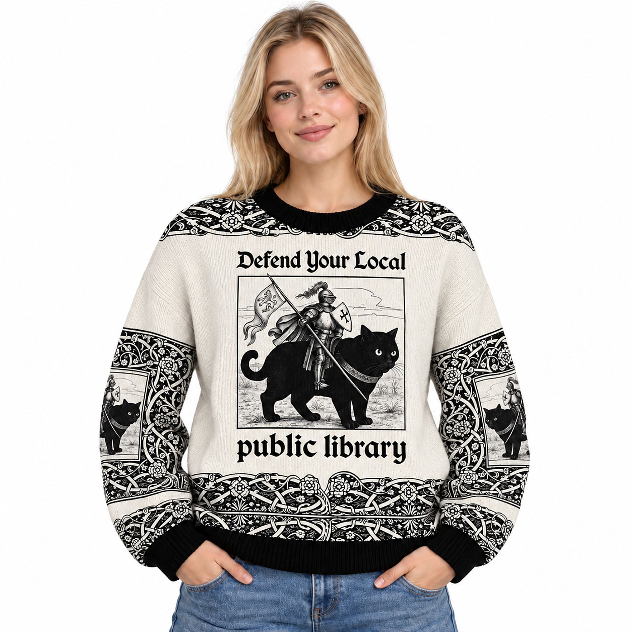 Defend Your Local Public Library Knight Riding Black Cat Christmas 2026 Ugly Sweater Defend Your Local Public Library Knight Riding Black Cat Christmas 2026 Ugly Sweater