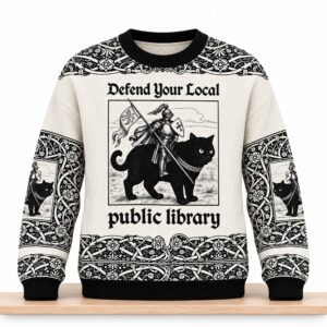 Defend Your Local Public Library Knight Riding Black Cat Christmas 2026 Ugly Sweater 2