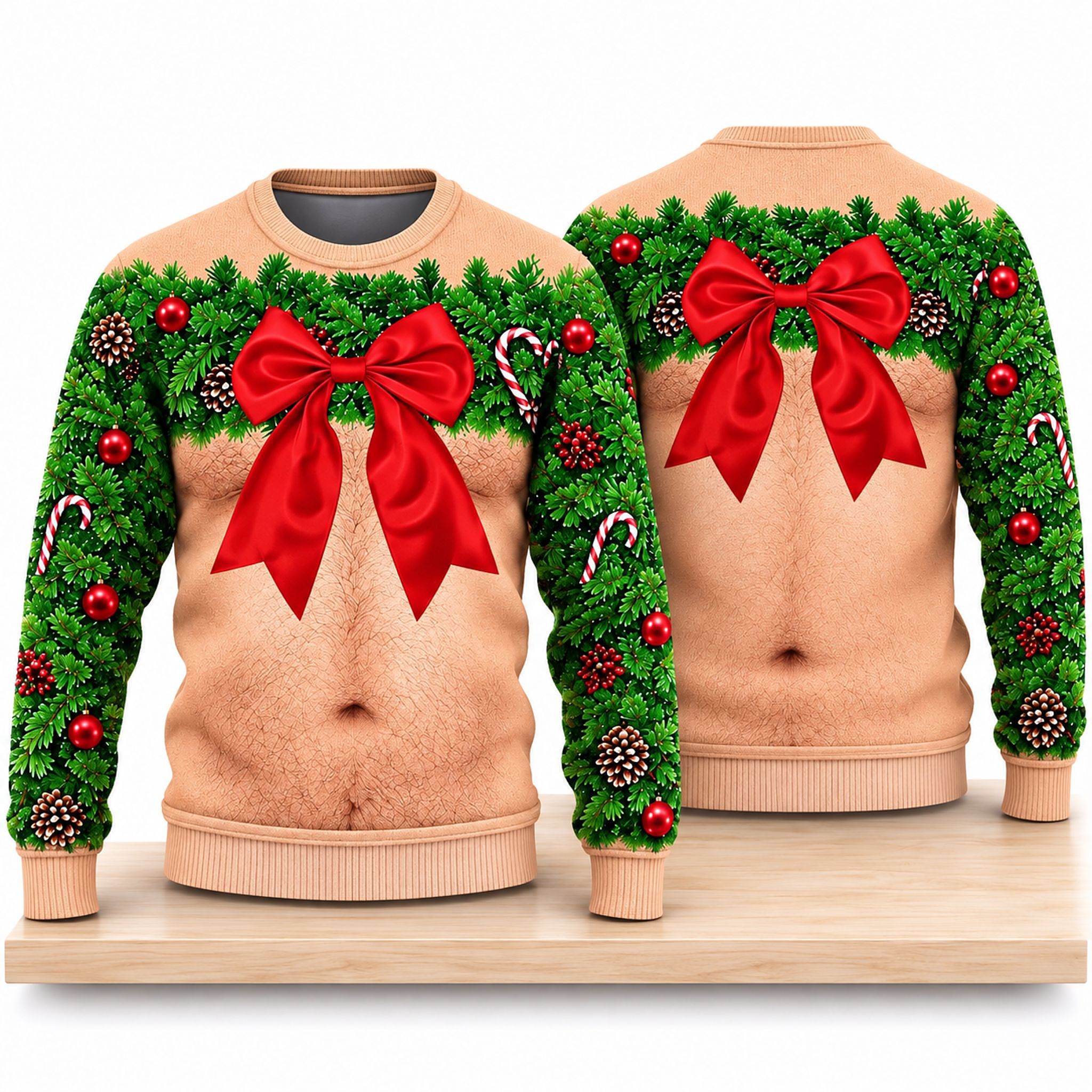 Hairy Chest Wreath and Red Bow Christmas 2026 Ugly Sweater 1 Hairy Chest Wreath and Red Bow Christmas 2026 Ugly Sweater 2