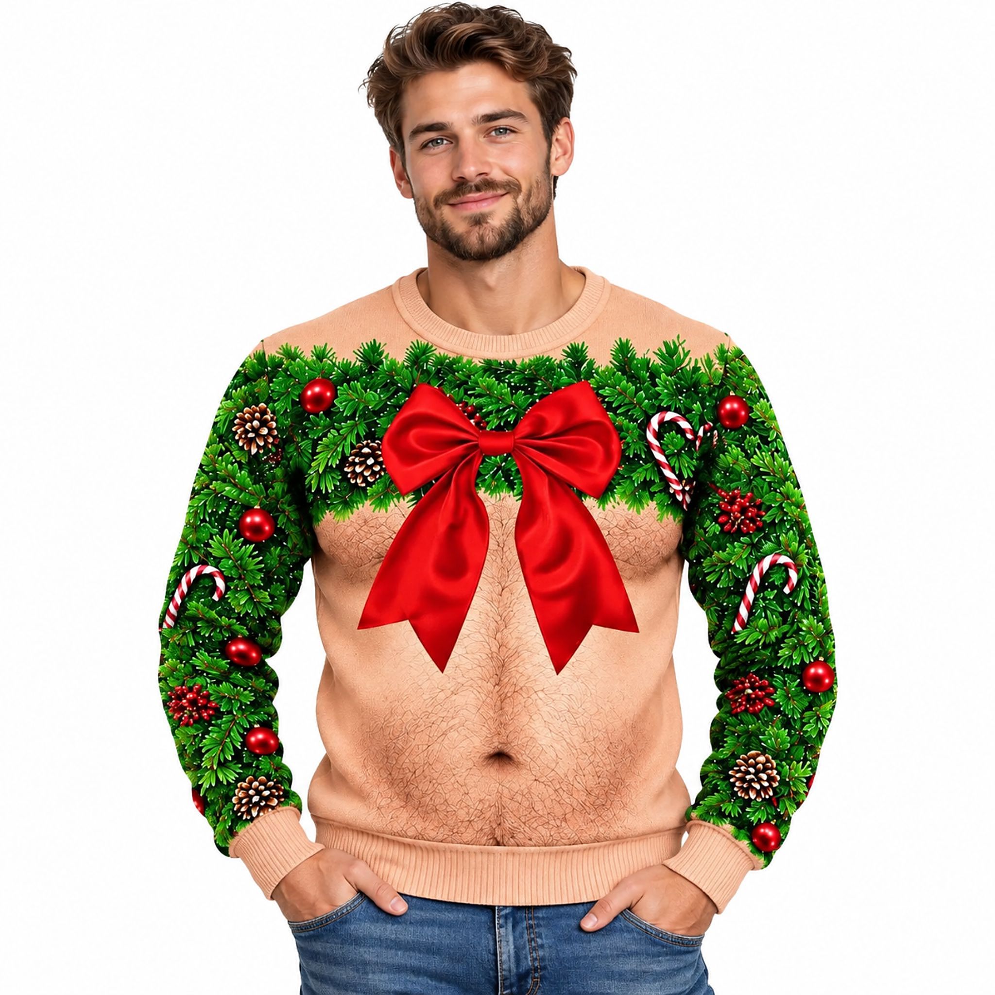 Hairy Chest Wreath and Red Bow Christmas 2026 Ugly Sweater Hairy Chest Wreath and Red Bow Christmas 2026 Ugly Sweater