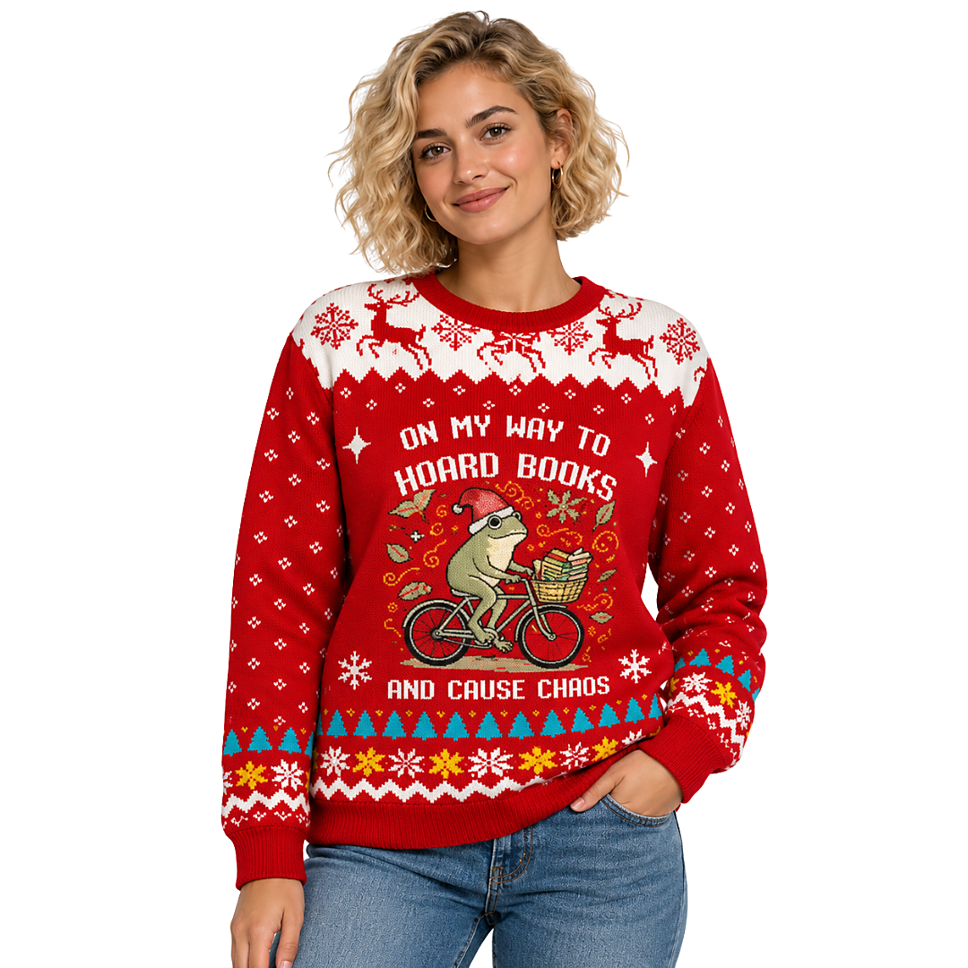 On My Way To Hoard Books And Cause Chaos Christmas 2026 Ugly Sweater On My Way To Hoard Books And Cause Chaos Christmas 2026 Ugly Sweater
