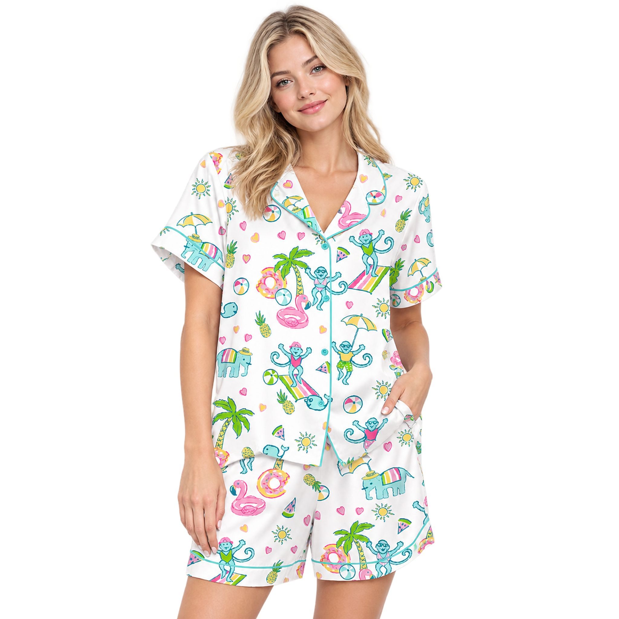 Pool Party Monkey Satin Pajama Set Pool Party Monkey Satin Pajama Set