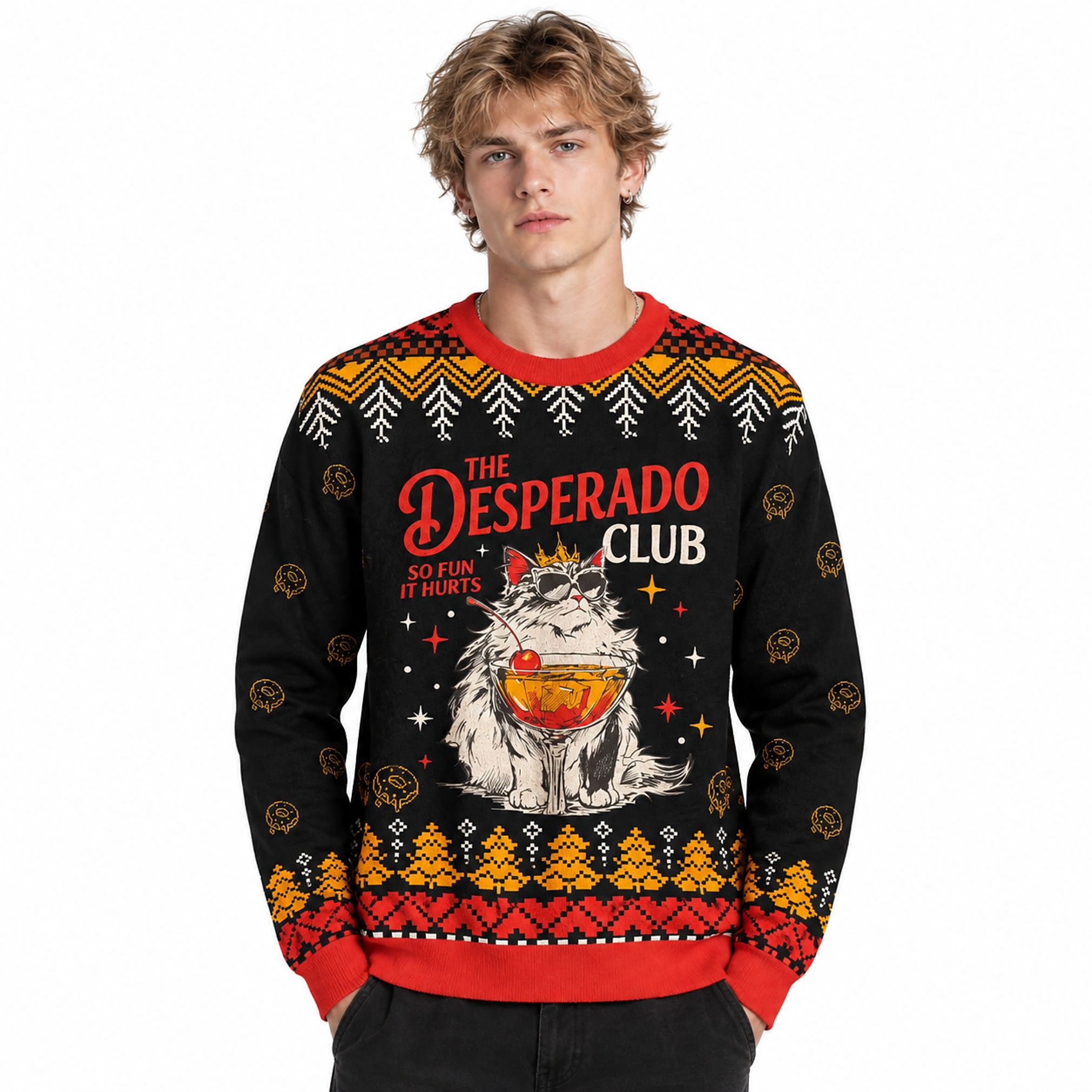 The Desperado Club So Fun It Hurts Cat Drinking Cocktail Christmas 2026 Ugly Sweater The Desperado Club So Fun It Hurts Cat Drinking Cocktail Christmas 2026 Ugly Sweater