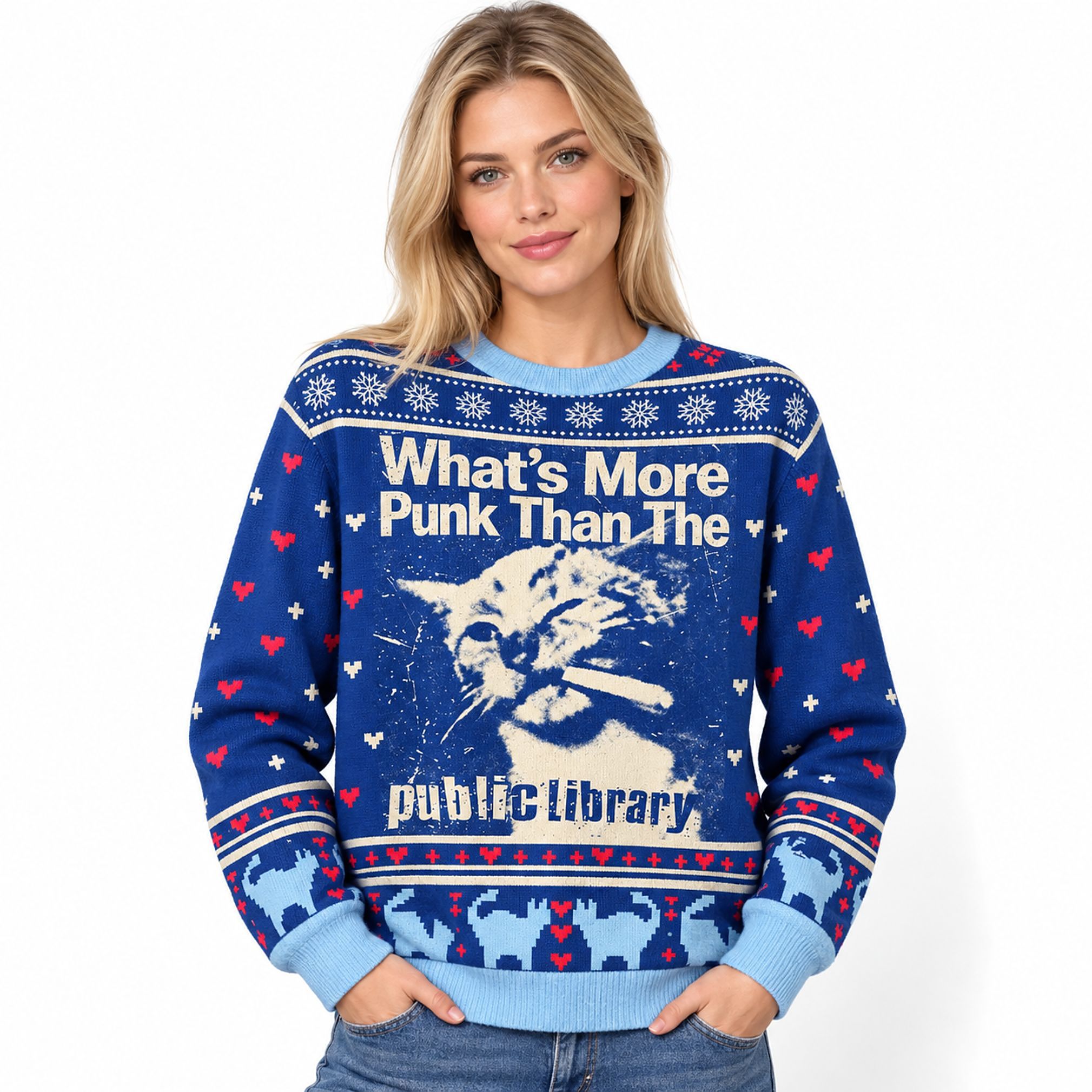 Whats More Punk Than The Public Library Cat Christmas 2026 Ugly Sweater Whats More Punk Than The Public Library Cat Christmas 2026 Ugly Sweater