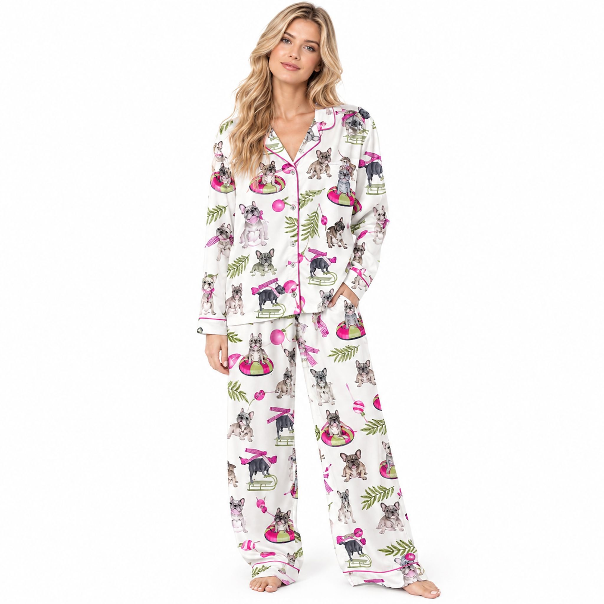 2026 Christmas Skiing French Bulldog Satin Pajama Set 2026 Christmas Skiing French Bulldog Satin Pajama Set