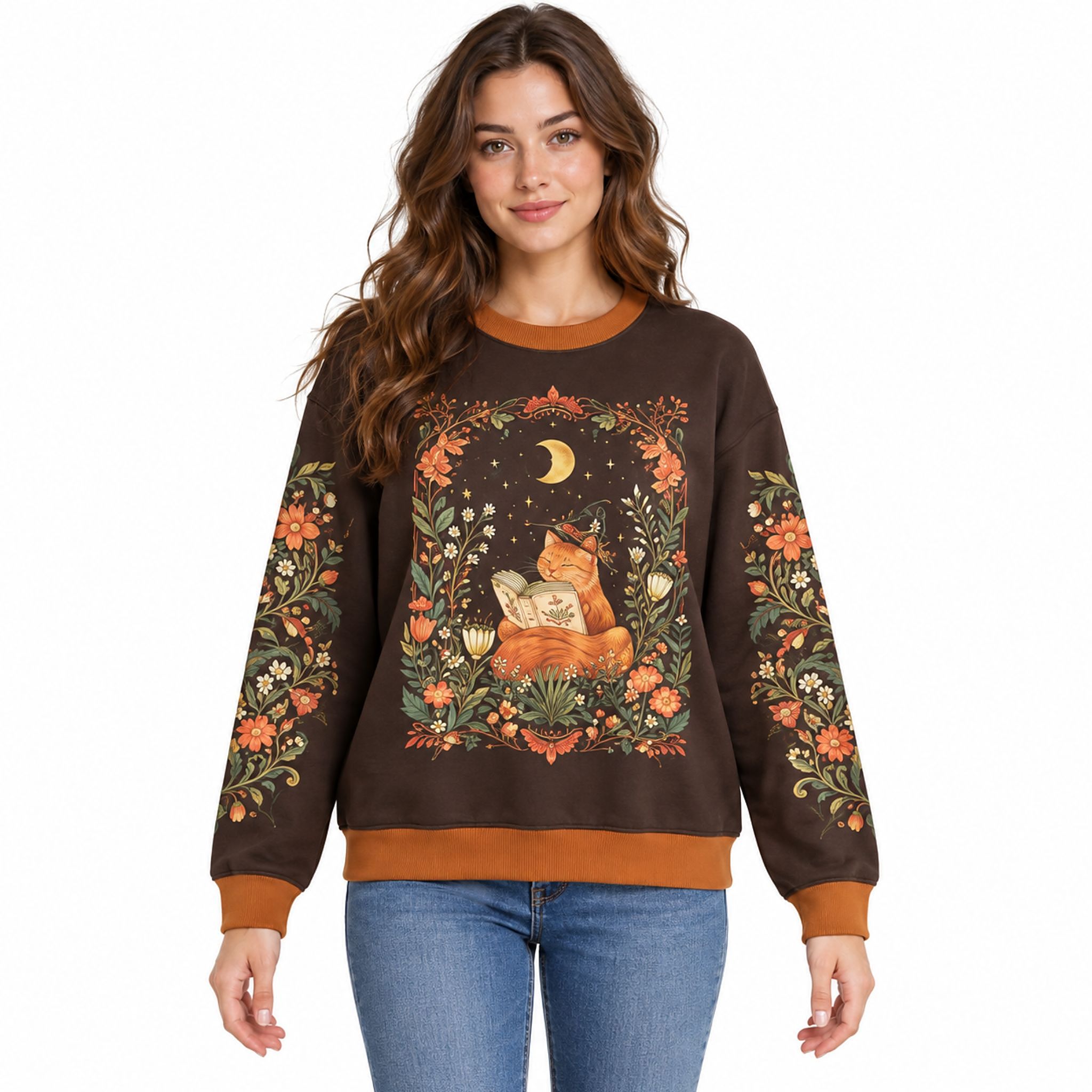 Cat Reading Book Floral Moon Christmas 2026 Ugly Sweater Cat Reading Book Floral Moon Christmas 2026 Ugly Sweater