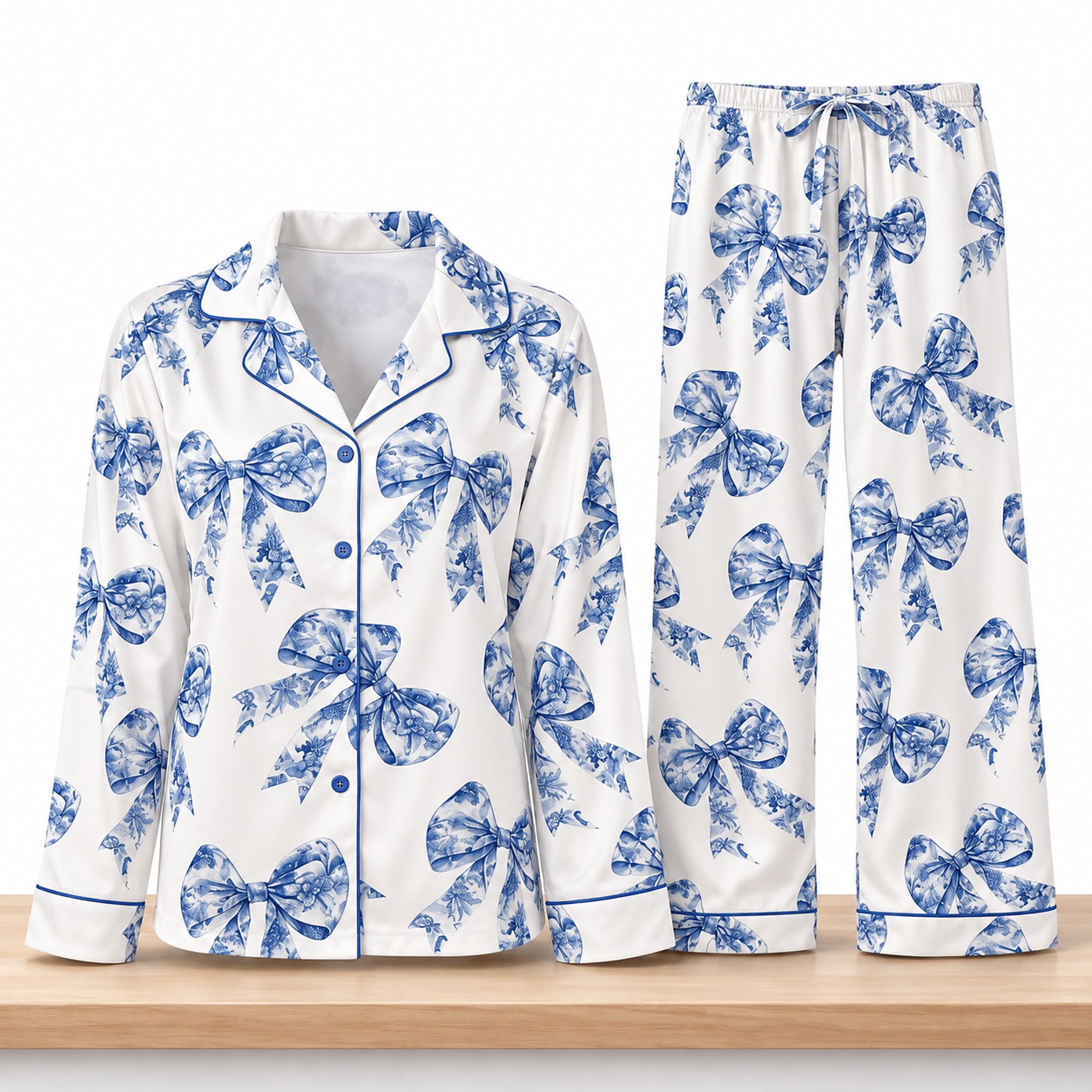 Chinoiserie Bow Silky Satin Pajama Set 1 Chinoiserie Bow Silky Satin Pajama Set 2