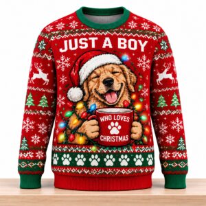 Just A Boy Golden Retriever Christmas 2026 Ugly Sweater 2