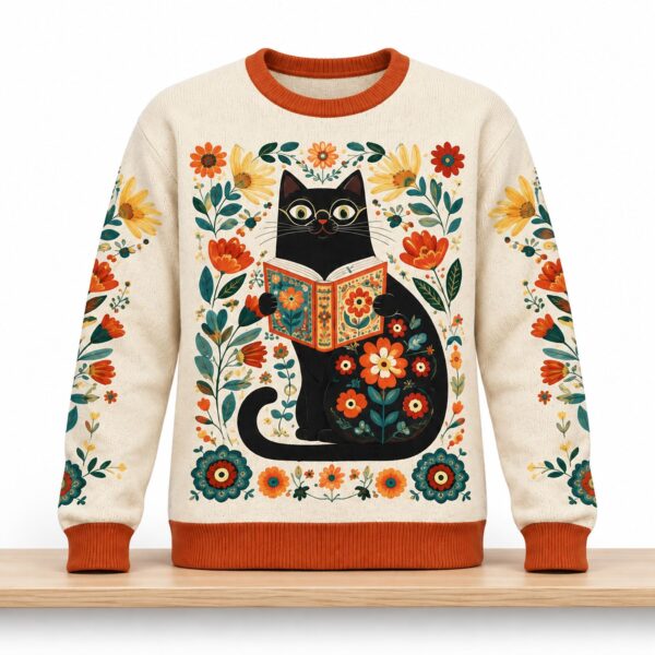 Floral Black Cat Reading Book Christmas 2026 Ugly Sweater 2