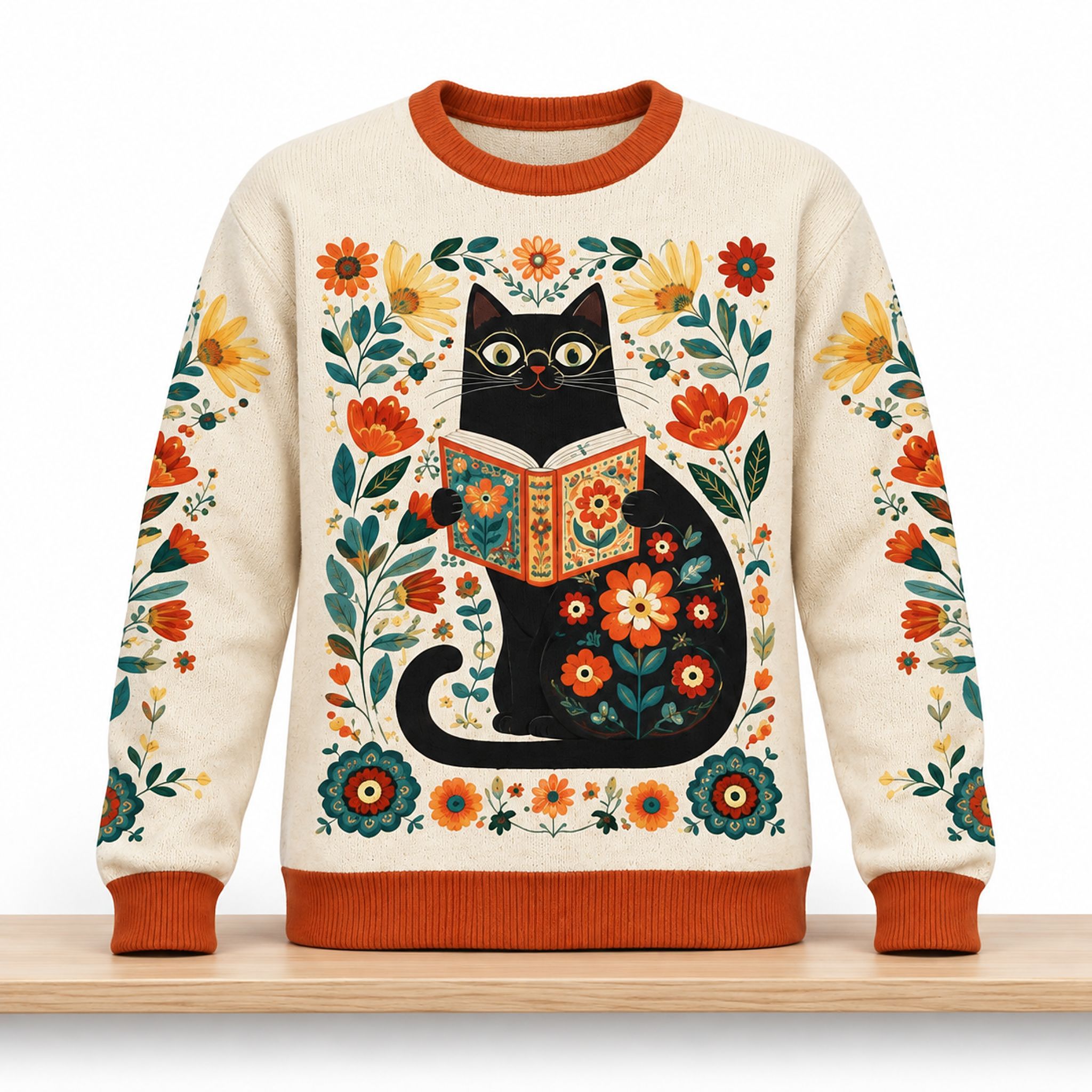 Floral Black Cat Reading Book Christmas 2026 Ugly Sweater 1 Floral Black Cat Reading Book Christmas 2026 Ugly Sweater 2