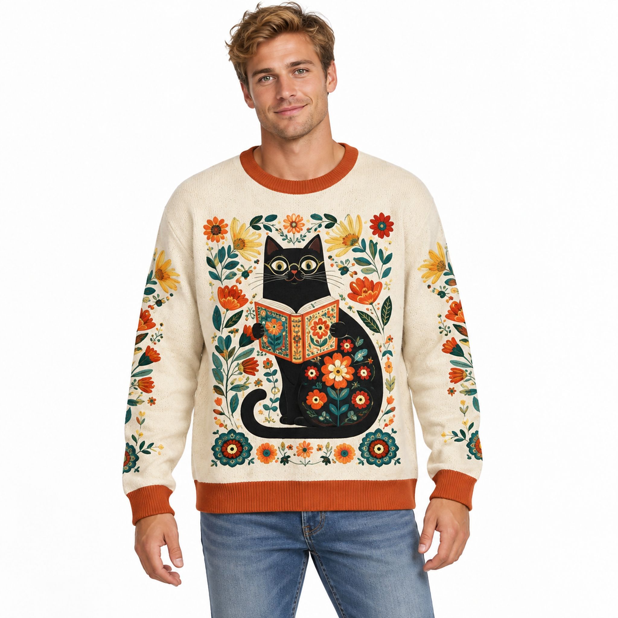 Floral Black Cat Reading Book Christmas 2026 Ugly Sweater Floral Black Cat Reading Book Christmas 2026 Ugly Sweater