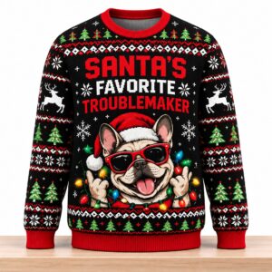 Santa's Favorite Troublemaker French Bulldog Christmas 2026 Ugly Sweater 2