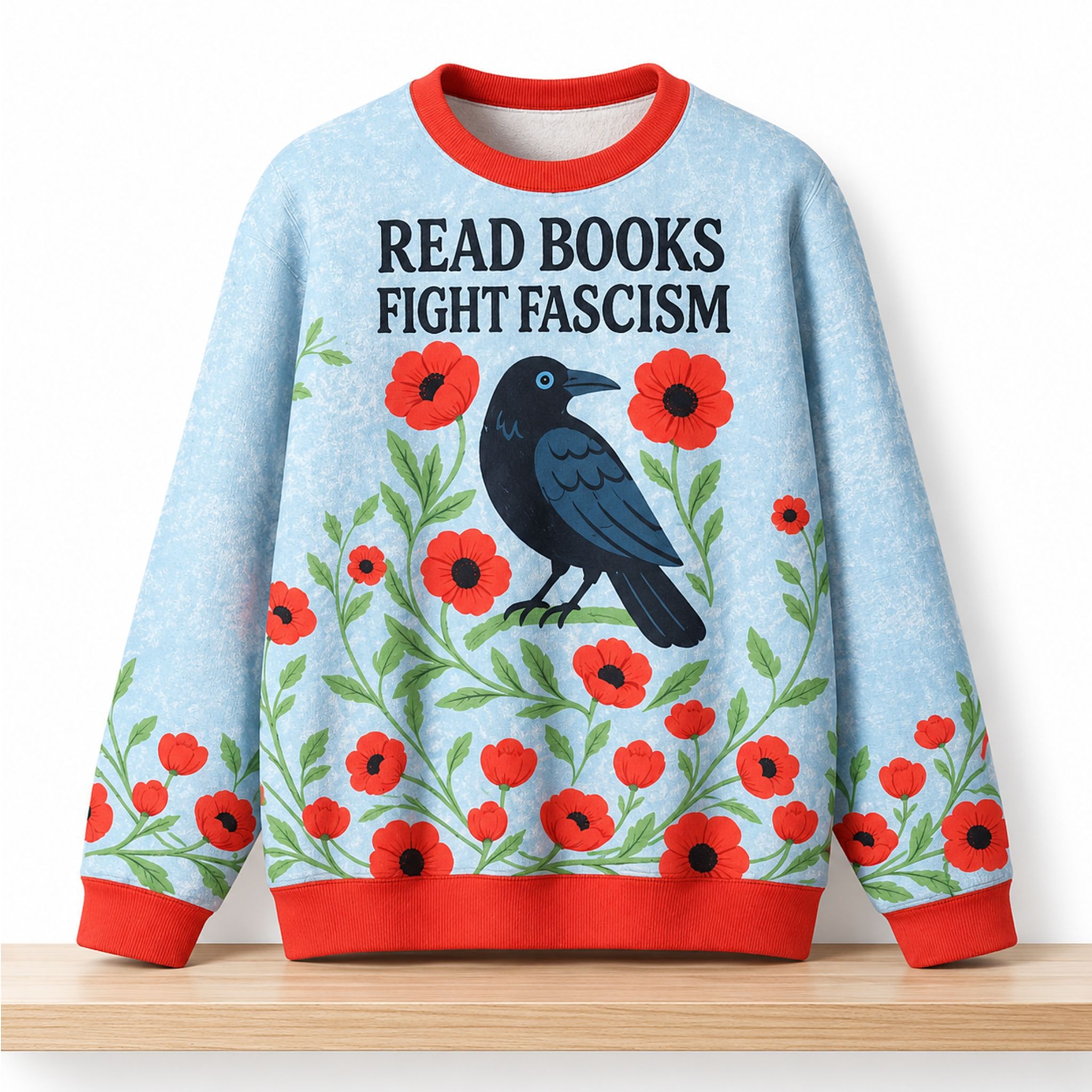 Read Books Fight Fascism Crow and Poppies Christmas 2026 Ugly Sweater 1 Read Books Fight Fascism Crow and Poppies Christmas 2026 Ugly Sweater 2