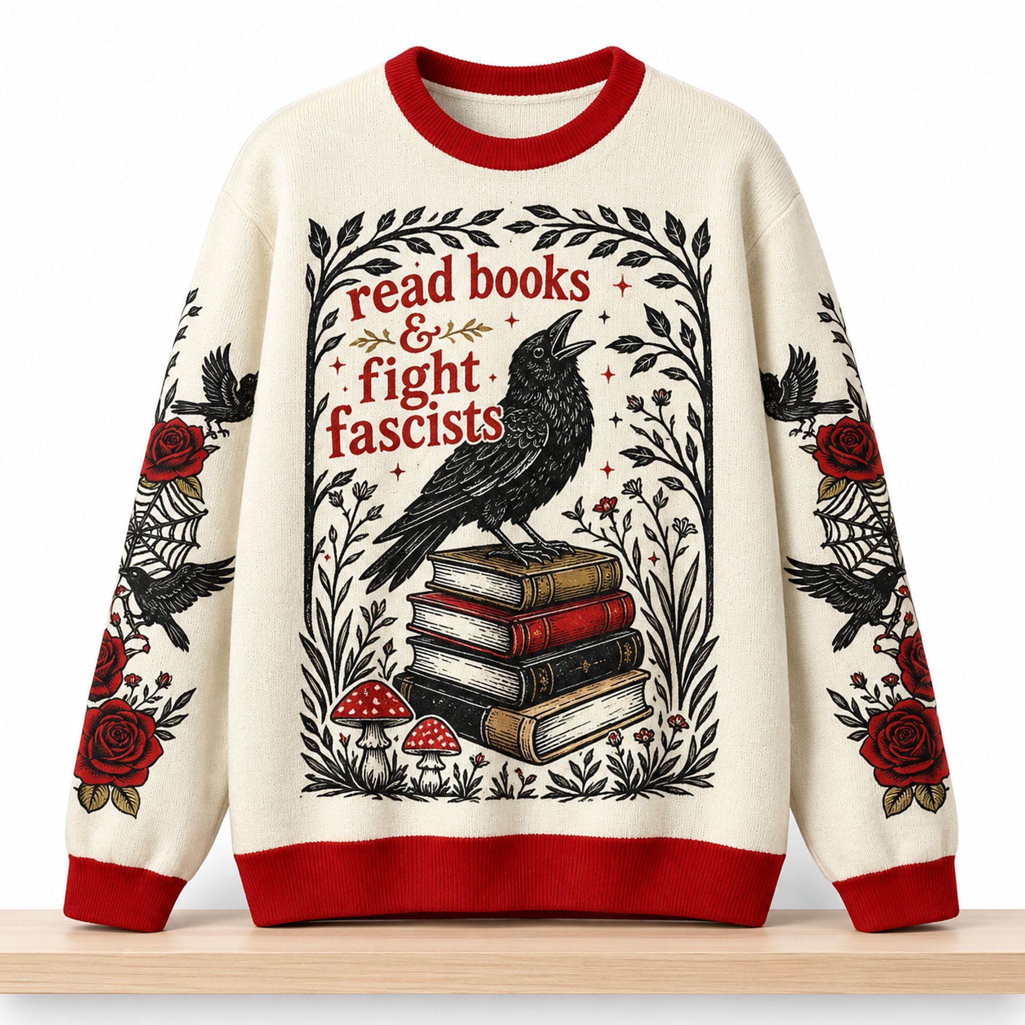 Read Books and Fight Fascists Crow Christmas 2026 Ugly Sweater 1 Read Books and Fight Fascists Crow Christmas 2026 Ugly Sweater 2