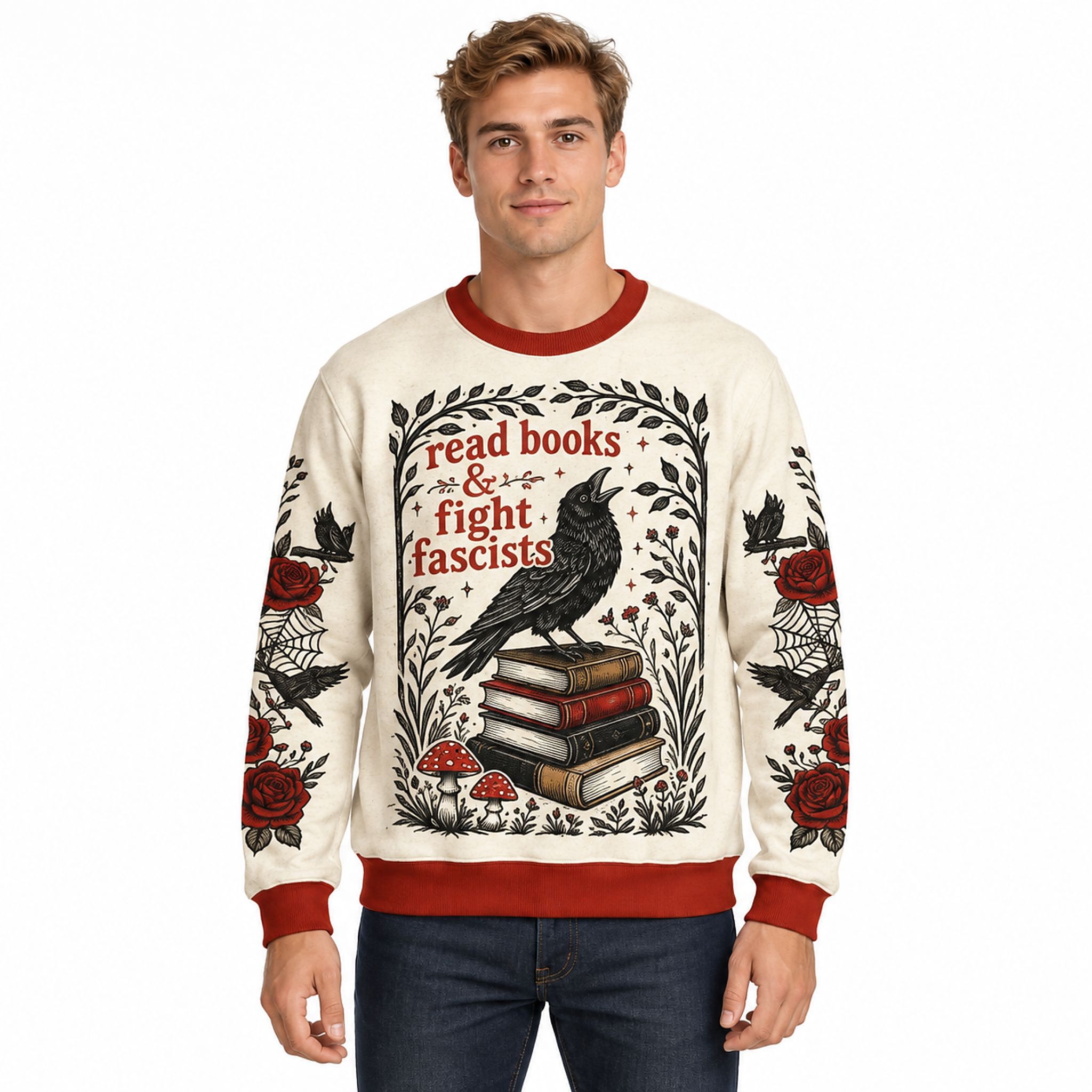 Read Books and Fight Fascists Crow Christmas 2026 Ugly Sweater Read Books and Fight Fascists Crow Christmas 2026 Ugly Sweater