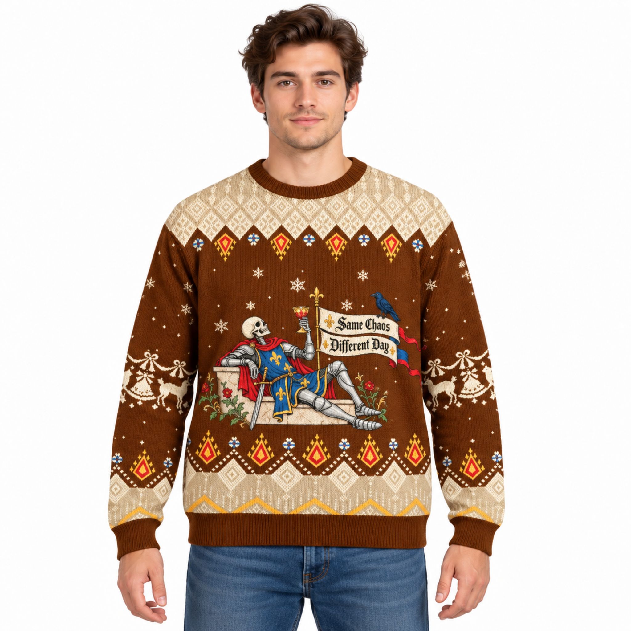 Same Chaos Different Day Skeleton Knight Christmas 2026 Ugly Sweater Same Chaos Different Day Skeleton Knight Christmas 2026 Ugly Sweater